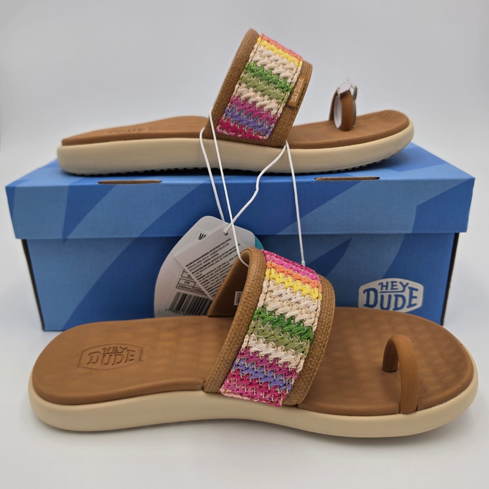 Hey Dude Maui Breeze Toe Loop Sandals Tan Multi Rainbow Woven Slides Size 8, NWB - Picture 4 of 10